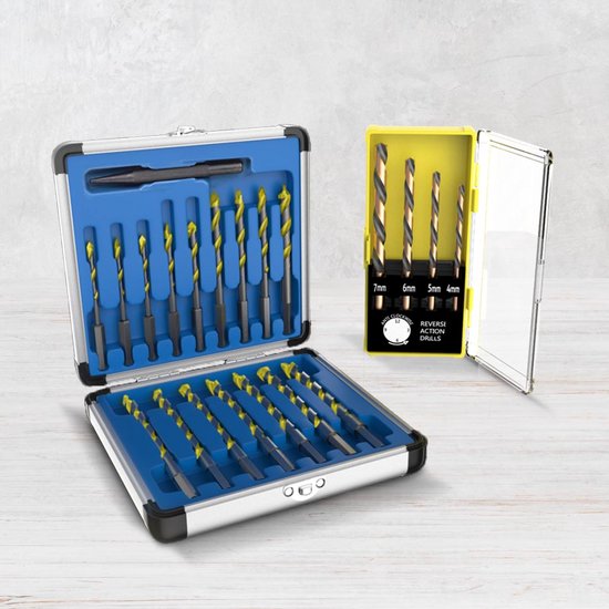 Hammersmith Drill Bit Pro – Universal-Bohrerset für Metall, Stein, Holz und mehr – Sechskant-Bohrerset aus Titanlegierung – 16 Bohrer im Koffer + 4 linksschneidende Bohrer + 1 Schleifscheibe
