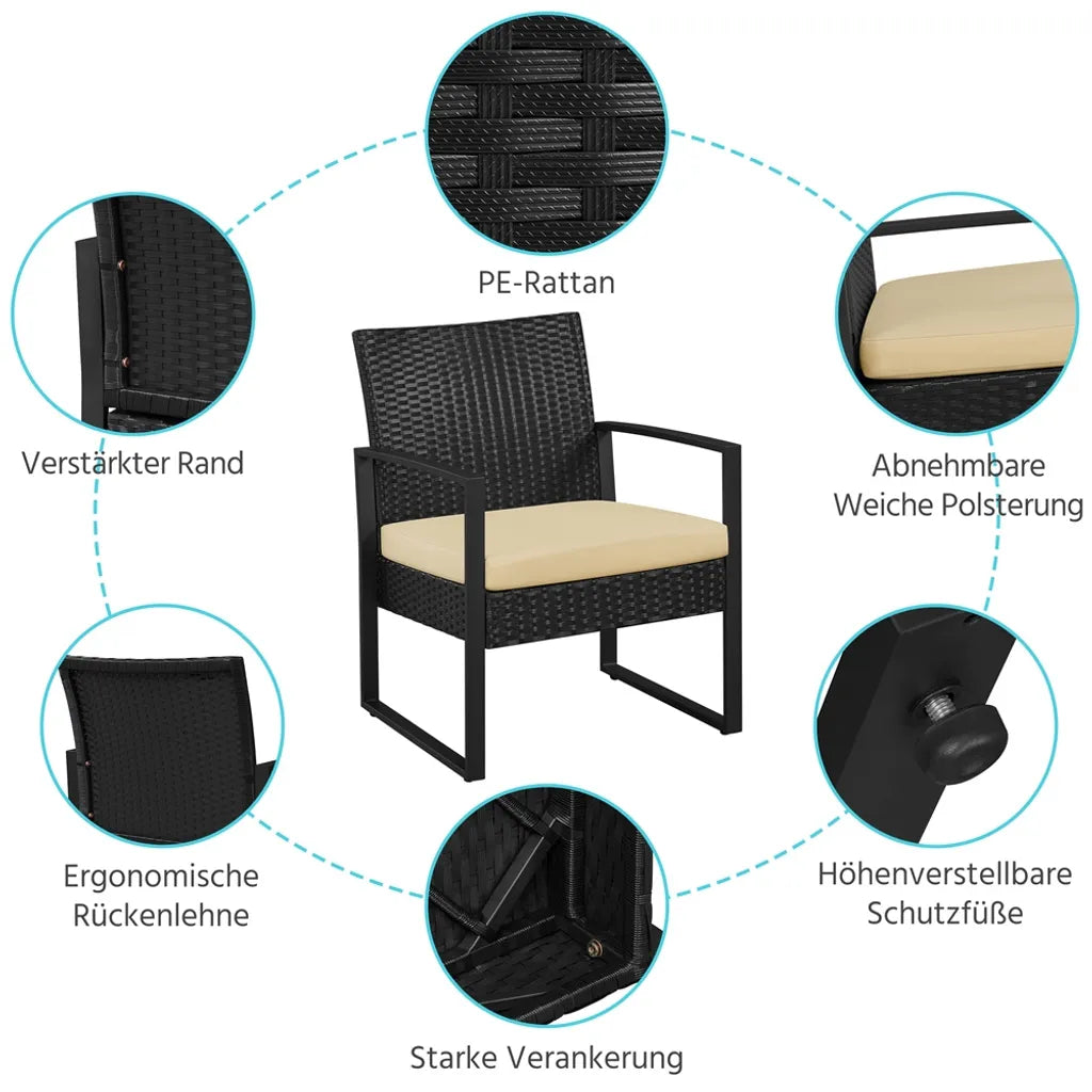 Yaheetech Balkon-Set – 3-teilig – 2 Stühle/Tisch – Polyrattan – Schwarz/Khaki