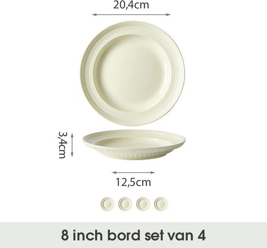 4er-Tellerset (Ø 20,4 cm / 8 Zoll), Frühstücksteller, Pastateller, Geschirrset für 4 Personen, geeignet für Restaurants, Gastronomie, Feiern, Familienfeste, Bankette und Picknicks, mikrowellen- und spülmaschinenfest, Keramik