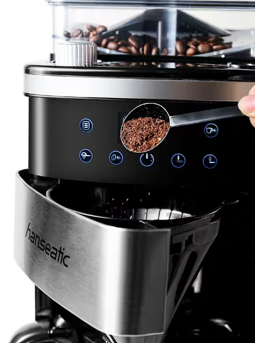 Hanseatic Kaffeemaschine mit Mahlwerk HCMG105015SD – Schwarz/Silber – 21 x 31 x 42 cm – 1,5 l, 12 Tassen