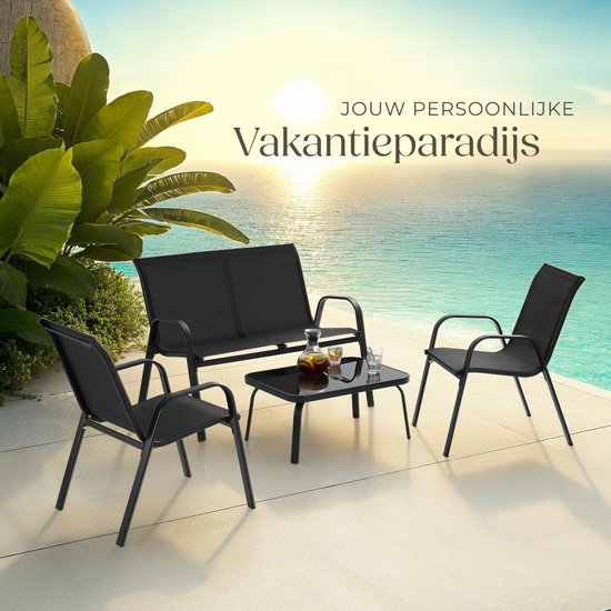 tectake® Garten-Set Nora - Moderne Sitzgruppe für 4 Personen - Lounge-Set mit Gartensofa und 2 Gartenstühlen aus atmungsaktivem, wasserabweisendem Textilgewebe - Balkonset mit Beistelltisch - Schwarz