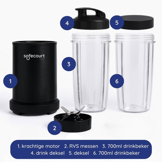 Safecourt Kitchen - Smoothie Mixer - Mixer 1200W - Smoothie Maker - Inklusive To-Go Becher - Schwarz