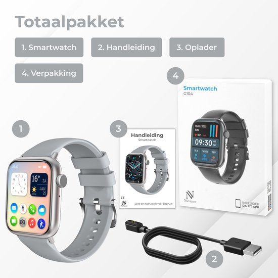 Nuvance - Smartwatch für Männer und Frauen mit Bluetooth - 45mm - Geeignet für alle Smartphones - Schrittzähler und Pulsmesser - Wasserdicht - Grau