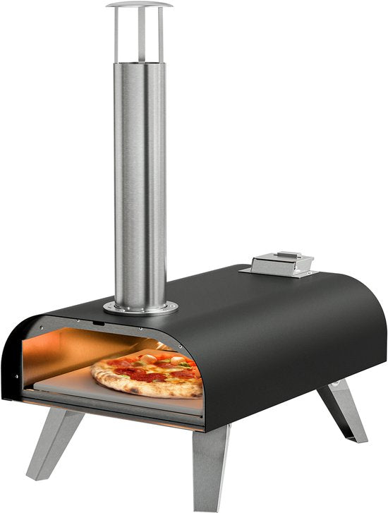 KitchenBrothers Pizzaofen - Holzbefeuert - Tischmodell - Zusammenklappbar - PFAS-frei - Pizzastein - bis zu 460°C - Pizzabäcker - Komplettset - Pizzaofen für draußen - Schwarz/RVS