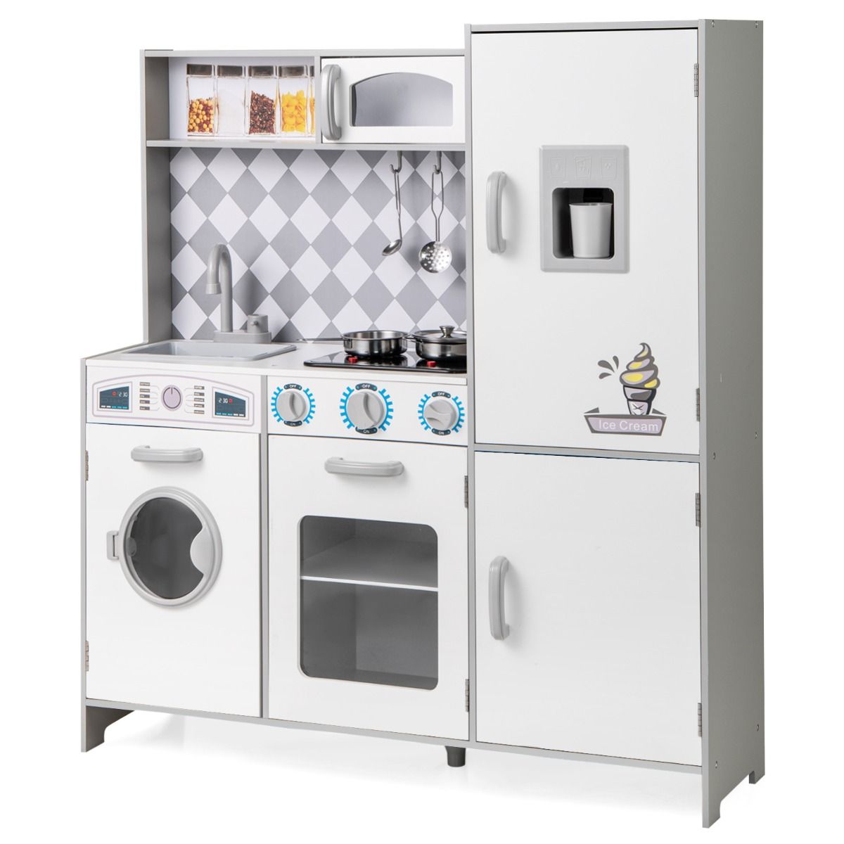 coast Spielküche für Kinder - Weiß - 91×30×102 cm - mit Eismaschine, Herd mit Licht & Sound, Waschmaschine, Backofen & Mikrowelle