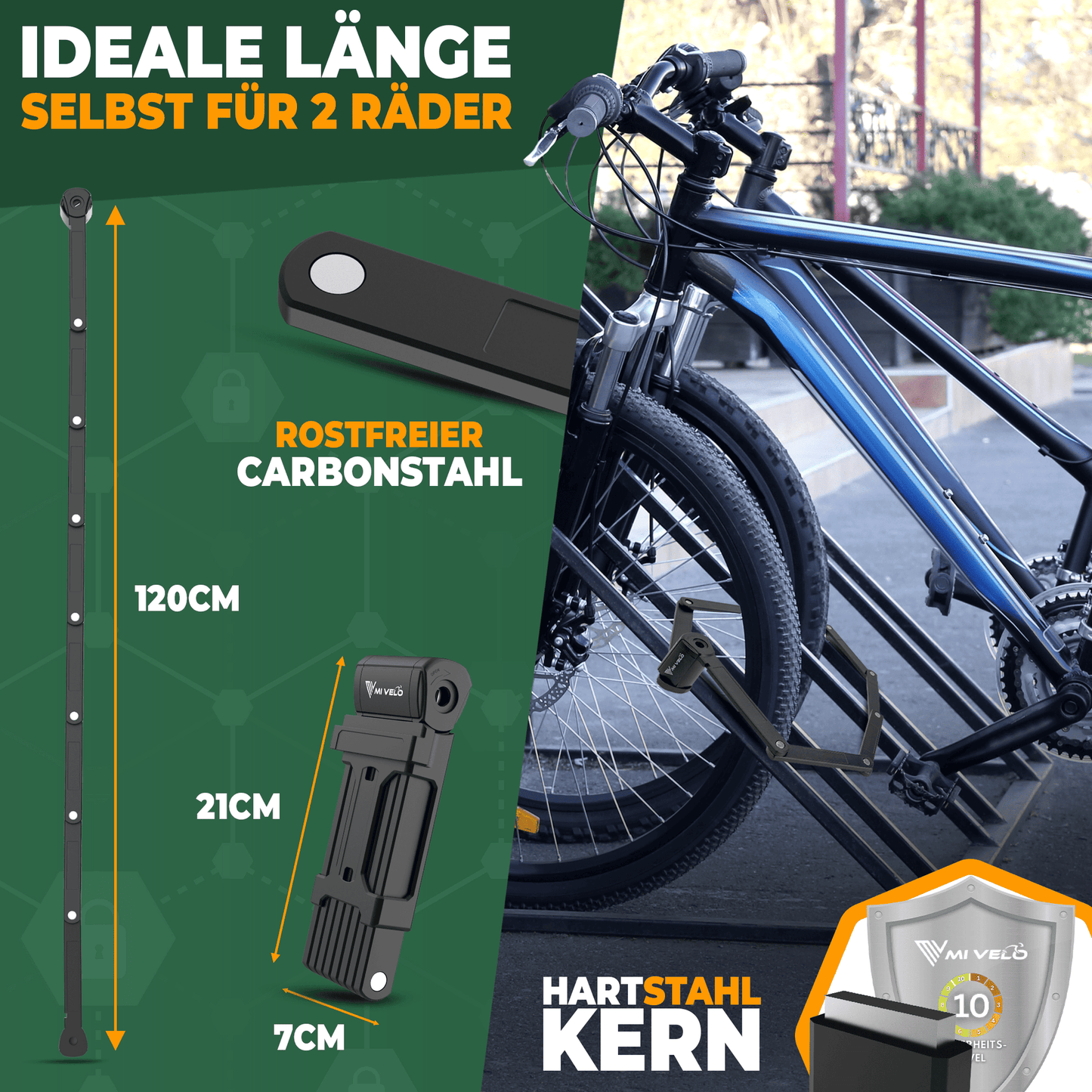 MIVELO - Robustes Fahrradschloss mit Schlüssel - 120 cm lang - Sicherheitsstufe 10/10 - gehärteter Kohlenstoffstahl - Schwarz