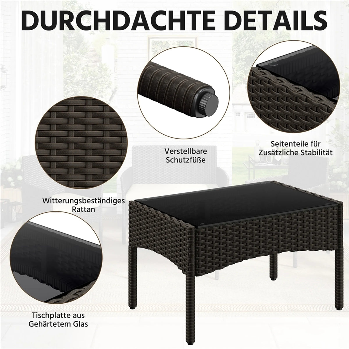 Yaheetech Polyrattan-Lounge-Set, 4-teilig – 2-Sitzer-Sofa und 2 Sessel mit Glastisch – 100 x 59,5 cm – Braun mit beigen Kissen