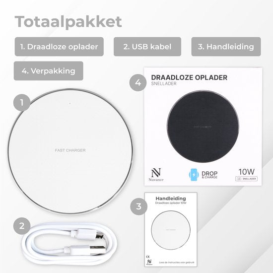 Nuvance - Wireless Charger 10W - Inklusive Kabel - Wireless Charger - Schnelles Ladegerät - Geeignet für alle Qi Smartphones - Weiß und Silber