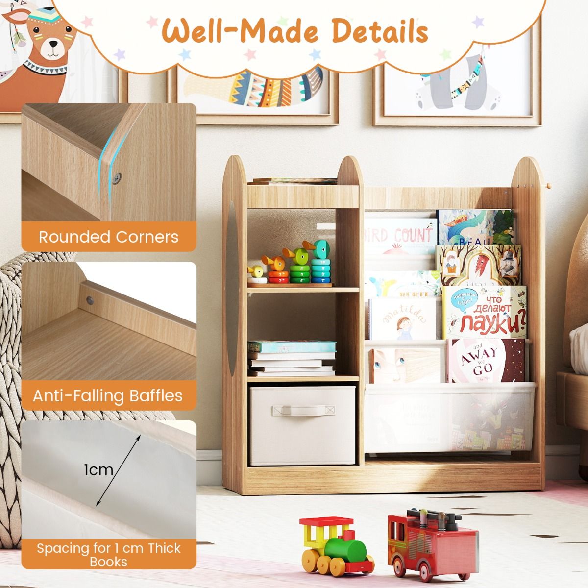 Coast Kinderbücherschrank mit Ganzkörperspiegel – 4-stöckiges Bücherregal, Stoffschublade und Haken – Naturfarben – 87,5 x 30 x 90 cm