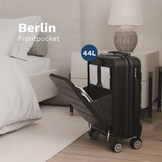 TRVLMORE Handgepäckkoffer 44 l mit Frontfach – TSA-Schloss – USB-Anschluss – Schwarz
