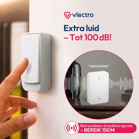 Vlectro - Drahtlose Türklingel mit 2 Empfängern - Weiß - Türklingel mit 2 Empfängern