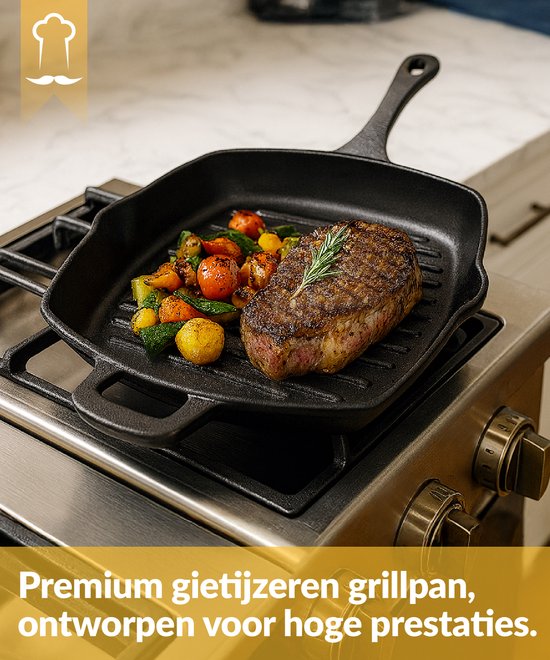 Chefarone Grillpfanne aus Gusseisen – 25,5 cm – Für Induktion, Gas, Backofen und Grill – Quadratische Grillpfanne mit Rillen – Perfekte Grillstreifen und gleichmäßige Wärmeverteilung – Pfanne mit Griff