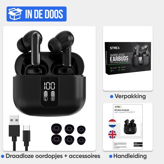 Strex Wireless Earphones - Aktive Geräuschunterdrückung - LED-Anzeige - Kabellose Bluetooth-Ohrhörer - Ohrhörer Wireless - Bluetooth 5.3 - Schwarz