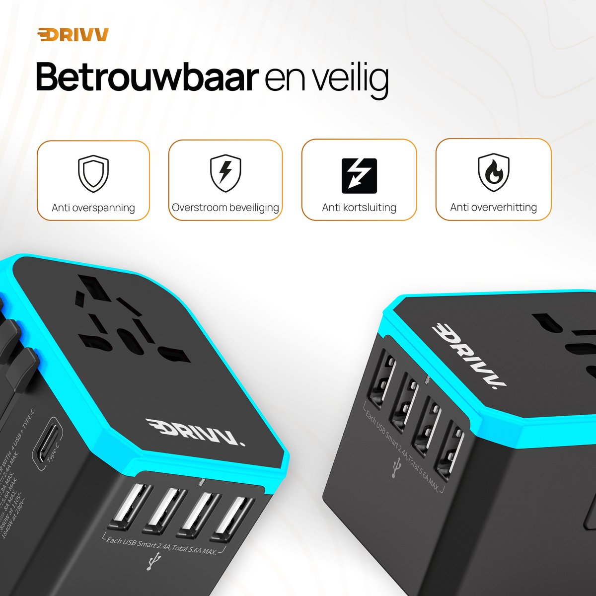 Drivv. Universeller Weltstecker – 4x USB & 1x USB-C-Schnelllade-Reiseadapter – Reisestecker für Amerika / England / Großbritannien / Kanada / Afrika / Japan / Mexiko / Thailand / Südamerika – Typ A, B, C, E, F, G, I, J, L, N – über 150 Länder – Reiseadapt