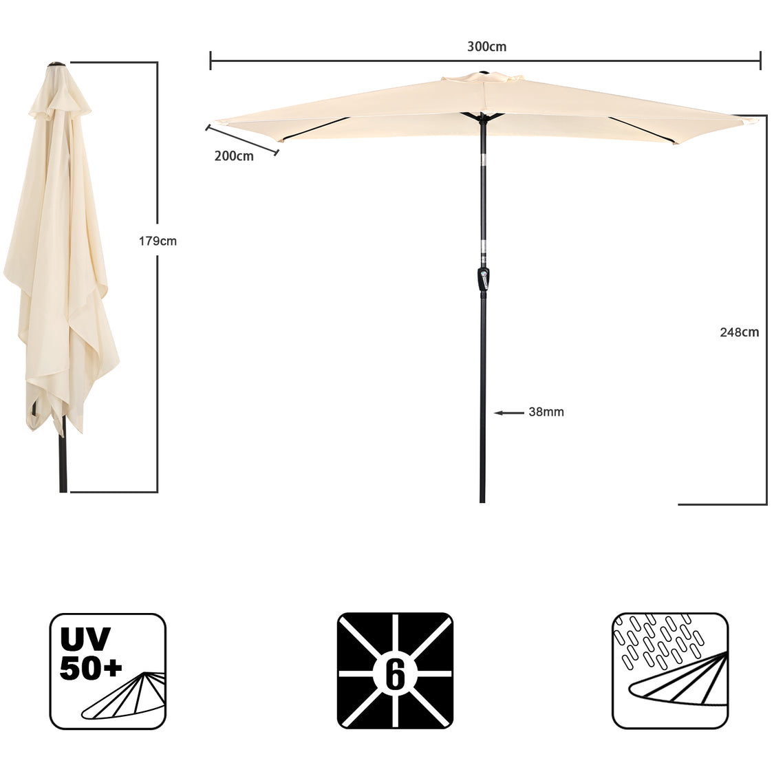 Angel Living Sonnenschirm - 3 x 2 m - Rechteckig - Beige
