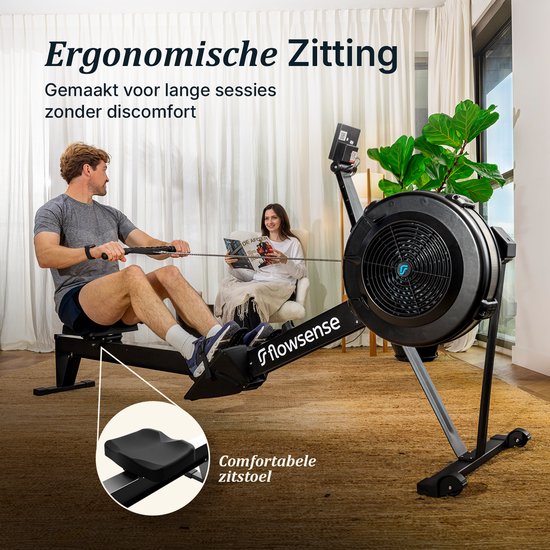 Flowsense Rudertrainer mit Luftwiderstand – Professionelles Rudergerät – 10 Widerstandsstufen – Zusammenklappbar – Ganzkörpertraining – Bluetooth-App & LCD-Monitor – Max. 200 kg – Rudergeräte – Für zu Hause & im Fitnessstudio