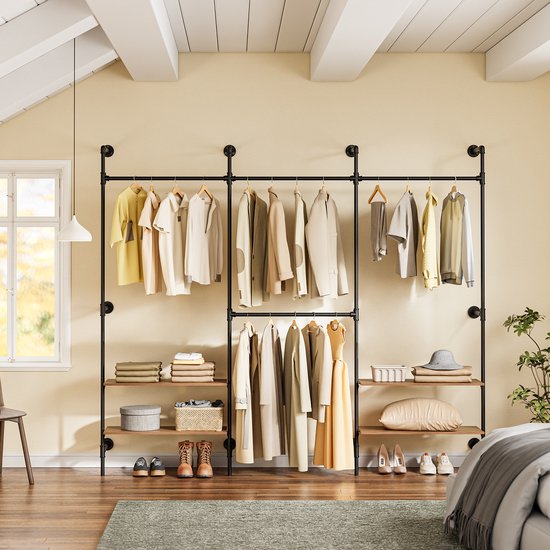 SoBuy Wandgarderobe mit 4 Kleiderstangen und 4 MDF-Regalböden, offener Kleiderschrank, Tragkraft 120 kg für das Schlafzimmer, 265 x 48 x 220 cm, Industrial-Schwarz KLS19-SCH