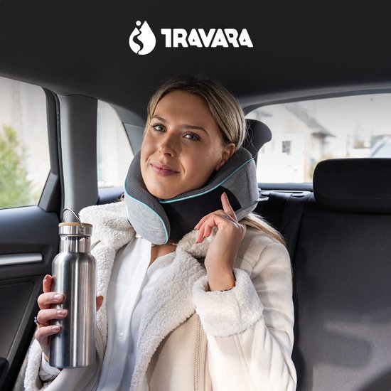 TRAVARA Nackenkissen - Reisekissen - Für Flugzeug - Auto - Memory Foam - Mit Ohrstöpseln - Grau