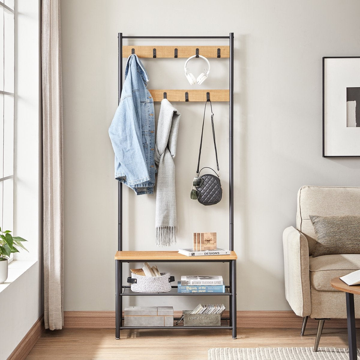 O'DADDYÂ¬Ã† Garderobenständer hochkant - Garderobe mit Schuhablage - 9 Haken 2 Lagen Schuhablage 6 Paar - Garderobe - 70 x 32 x 175 cm - Farbe Mango Holz