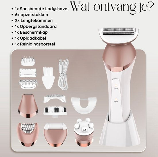 Sansbeauté® 6-in-1 Ladyshave Gesicht - Achseln - Beine - Bikinizone - Rasierer für Frauen - Epilierer - Epilierer für Damen - Trimmer für Frauen - Bikini-Trimmer - USB Wiederaufladbar