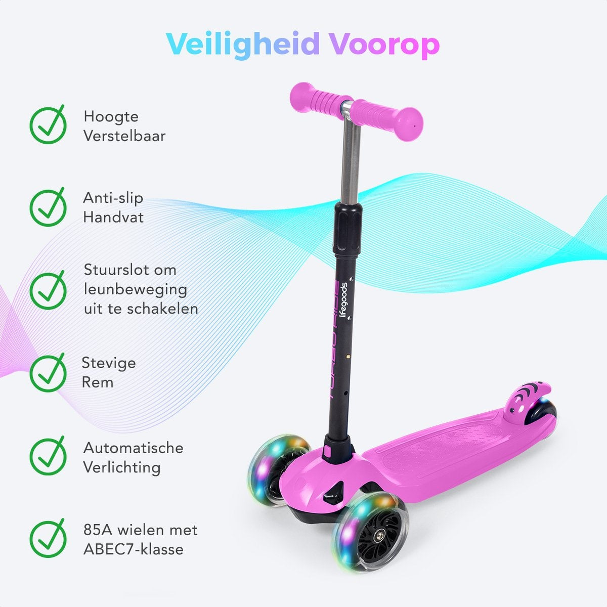 LifeGoods TurboRide Kinder-Roller - Alter 5-8 Jahre - 3 leuchtende Räder - Jungen/Mädchen - Pink