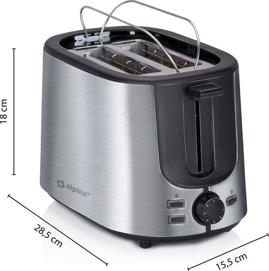 alpina Toaster - 7 Bräunungsstufen - Auftaufunktion - Rutschfeste Füße - Zwei Brotschlitze und Toastereinsatz - Farbe Silber