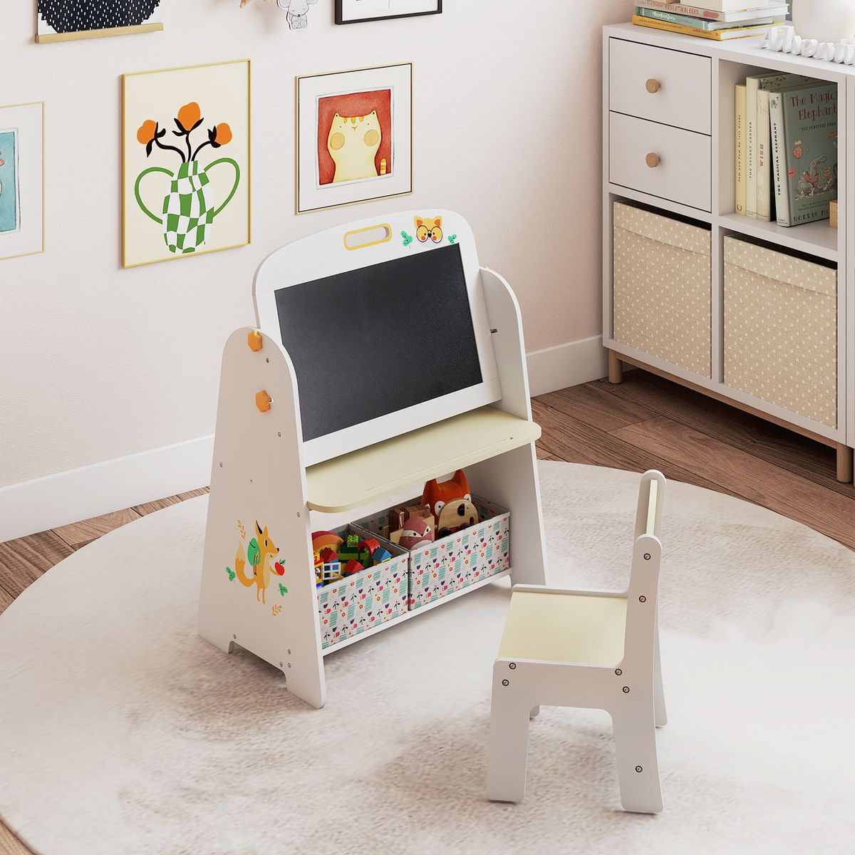 Coast Kindertischset mit Stuhl – 4-in-1-Design – Bücherregal und Stauraum – Natur