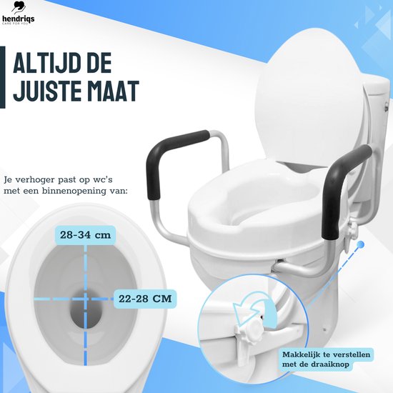 Hendriqs® WC-Sitzerhöhung 10 cm mit Armlehnen & Deckel – Toilettensitzerhöhung mit Armlehnen – Erhöhter Toilettensitz – Sitzverhöher für Erwachsene und Senioren – Höhenverstellbarer Toilettenstuhl – WC-Sitzverhöher – Toilettensitzverhöher