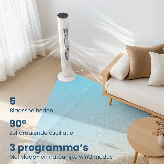 Auronic Tower Fan - Bodenventilator - Luftkühler - Standventilator - 105 CM - 5 Geschwindigkeiten - Mit Fernbedienung - Leiser Ventilator - Ventilator - 45 dB - Weiß