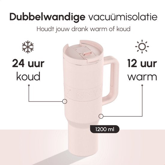 ONYX Trinkflasche mit Strohhalm 1,2 Liter - Wasserflasche für Kinder & Erwachsene - Thermosbecher Reisebecher - Motivationstrinker - Trinkbecher für die Schule - Pink