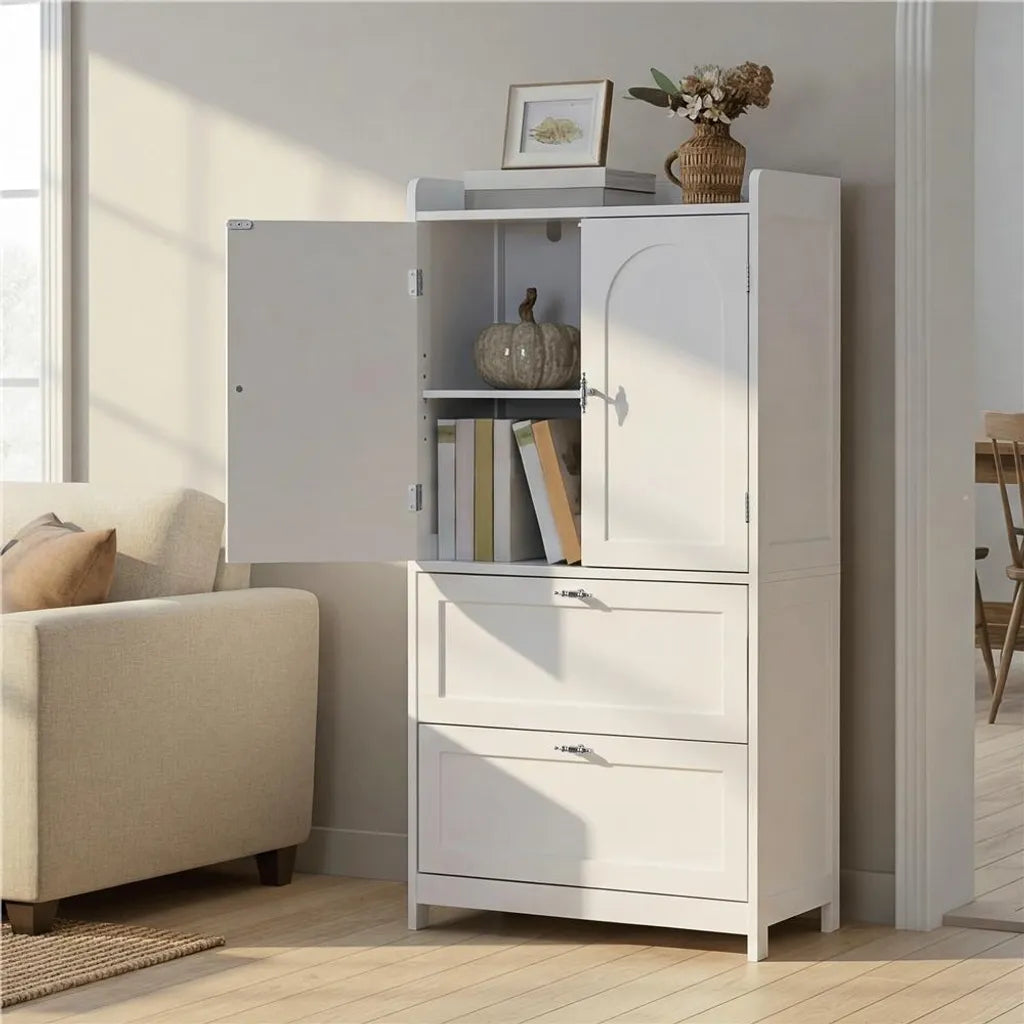 Yaheetech Badezimmerschrank mit 2 Türen und 2 Schubladen, 60 x 30 x 115 cm, Weiß
