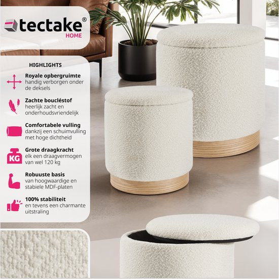 tectake® - 2er-Set Hocker mit Ablage - Bouclé-Teddy-Stoff - Scandi - Polsterhocker rund - Für Schminktisch, Schlafzimmer, Wohnzimmer - 2 Größen (38 und 32cm)