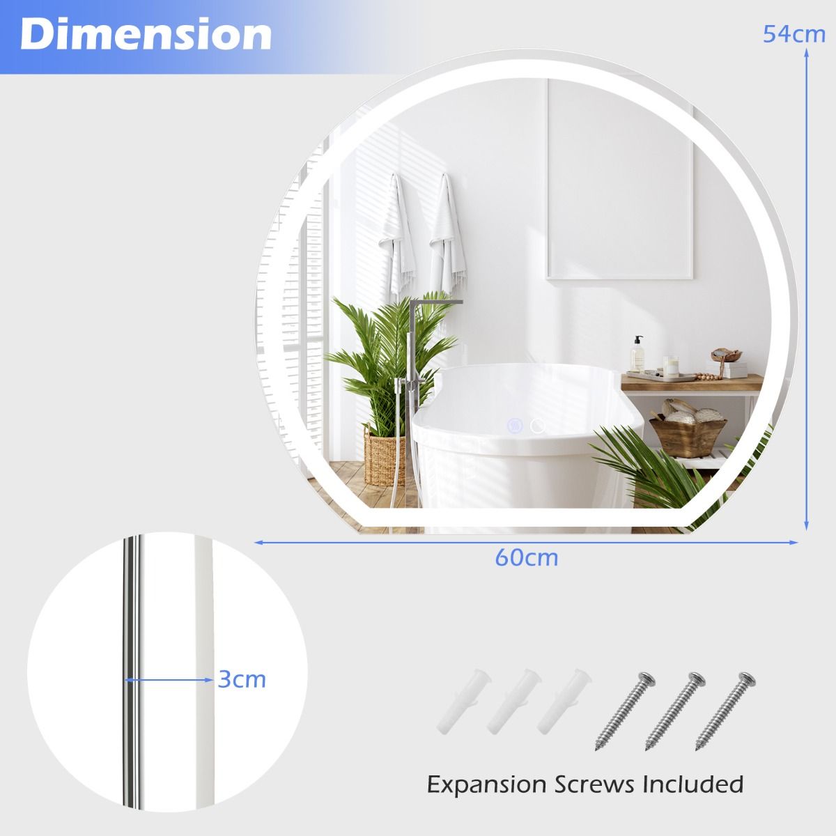 Coast 60 x 54 cm LED-Badezimmerspiegel Runder Wandspiegel Silber mit dimmbarer 3-Farben-Beleuchtung, Anti-Beschlag und Memory-Funktion