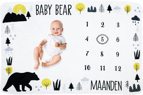 Frummel Milestone Blanket 'Bear' - Milestone Blanket - Milestone Baby - Baby Geschenk Junge - Baby Geschenk Mädchen - Baby Shower Geschenk - Baby Geschenk - Milestone Blanket in Dutch - Muttertagsgeschenk - 100 x 150 cm