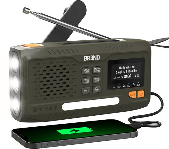 BREND Notfallradio - Mit DAB und FM - Bluetooth-Lautsprecher - SOS-Alarm - Powerbank - LED-Taschenlampe - USB-C - Mit Solarpanel und Kurbel