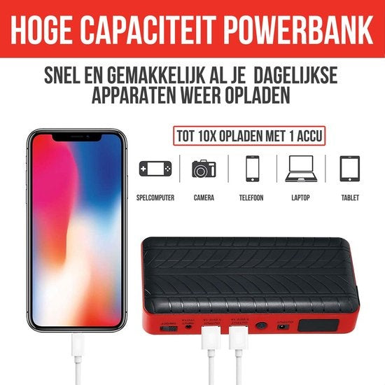 Strex - Starthilfe fürs Auto - 12V - 1000A / 18.000 mAh - 4-in-1 Starthilfe mit Powerbank - LED-Taschenlampe - SOS-Notleuchte - Rot