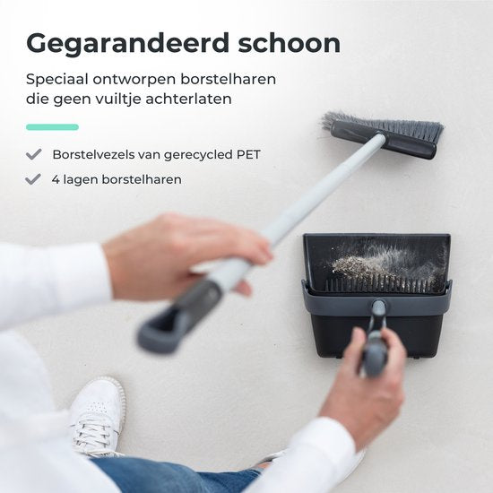 CLEANLY Kehrschaufel und Besen mit langem Stiel 134 cm - Besen für drinnen und draußen - Innovative Bürstenfasern - Schwarz, Grau