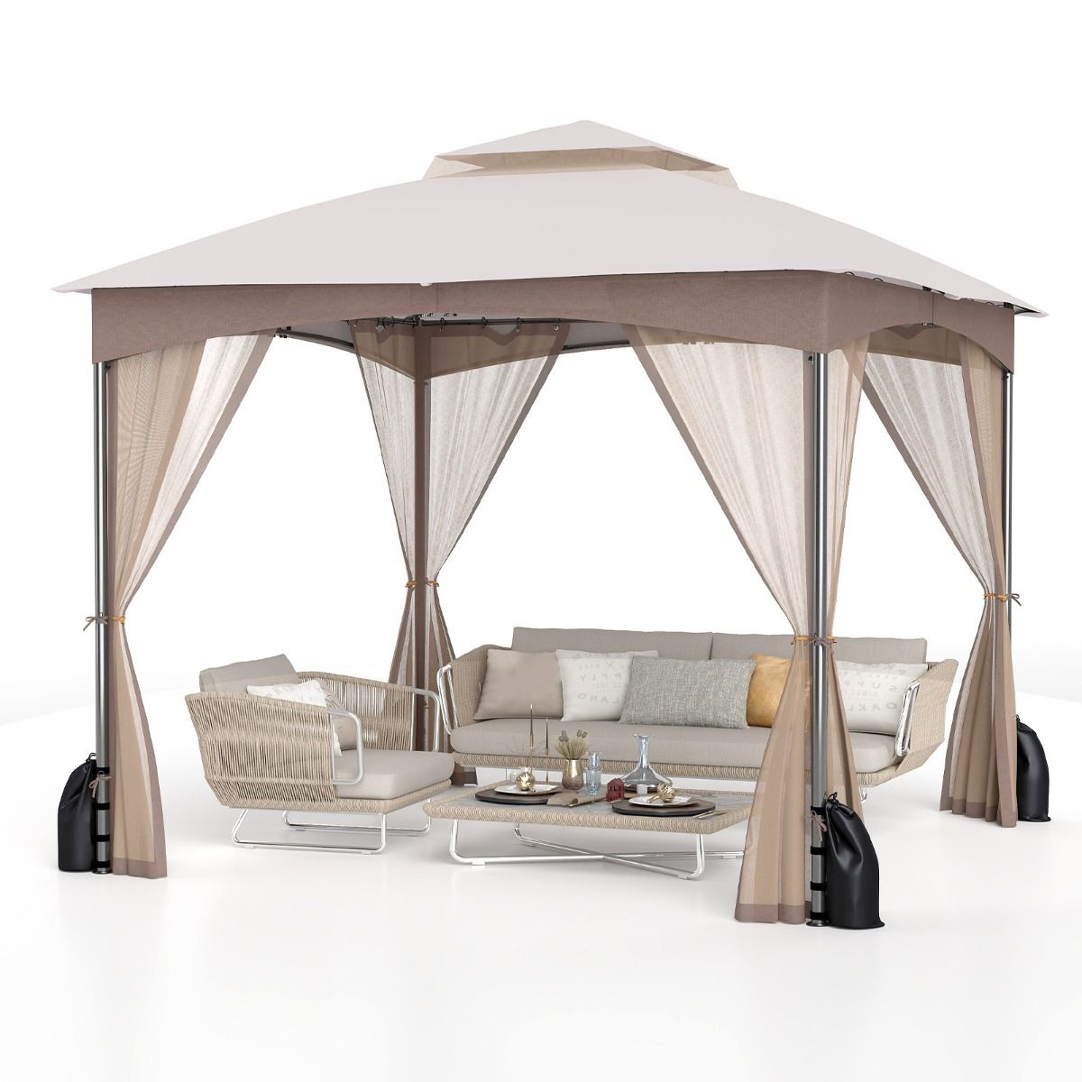 Coast Gartenpavillon – Doppeldach – Moskitonetz und Sandsäcke – Khaki 3 x 3 m