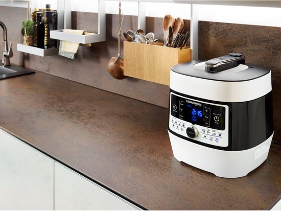 Rommelsbacher Multifunktions-Schnellkochtopf „Mein Hans“ MD 1000 – 14 Programme – Schnellkochen, Reis kochen, Anbraten, Dämpfen, Slow Cooking, Sous-vide, Backen und Braten, Frittieren – 6 Liter