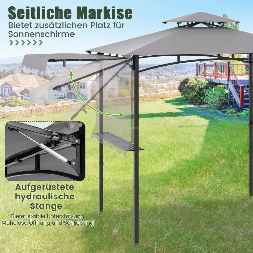 Coast wetterfester Grillpavillon 318 × 153 × 250 cm – Grillüberdachung mit Seitenmarkise, Doppeldach, Seitentischen, Haken und Flaschenöffner – Grau/Schwarz