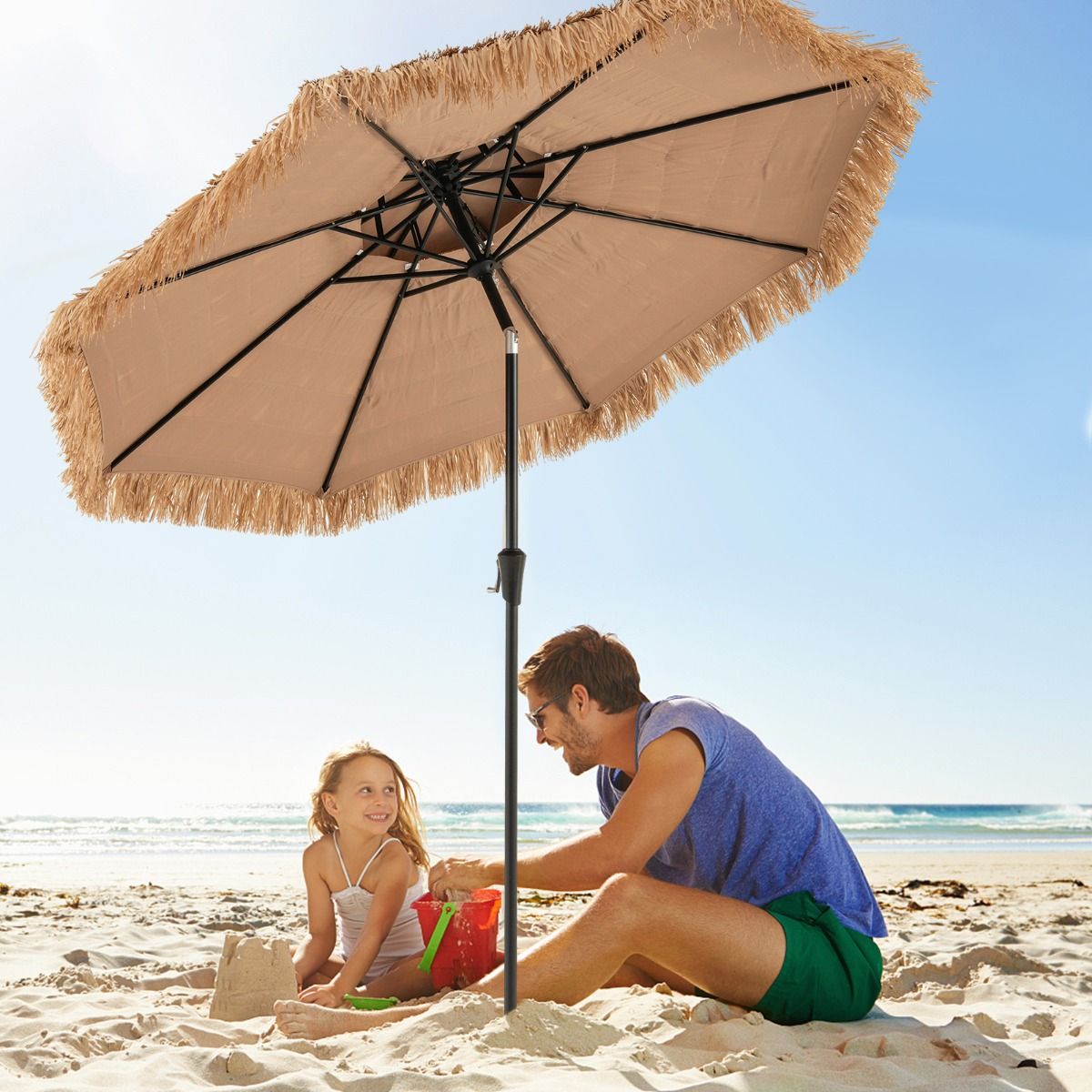 Coast Hawaiian Wicker Tiki Parasol 267x247 cm - Natürlicher Terrassen-Sonnenschirm mit Kurbel, Kippmechanismus & 8 stabilen Ballen