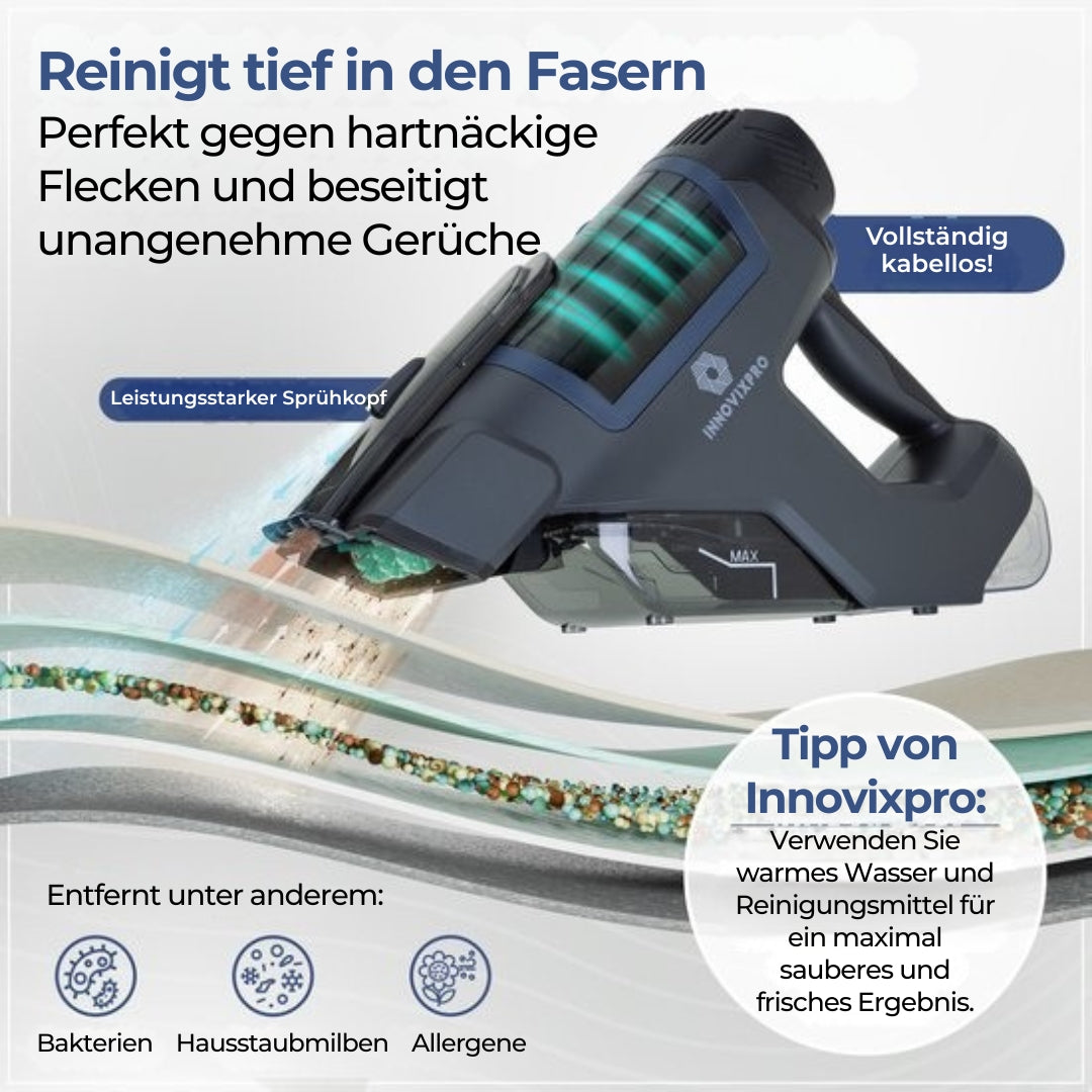Innovixpro® Teppichreiniger - 2 Aufsätze - 45 Minuten Akkulaufzeit - Kabellos - Schwarz