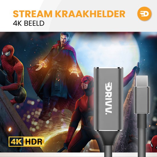 Drivv. USB-C-zu-HDMI-Adapter – Unterstützt 4K bei 30 Hz – Konverter – Typ C zu HDMI – Thunderbolt 3 – Grau