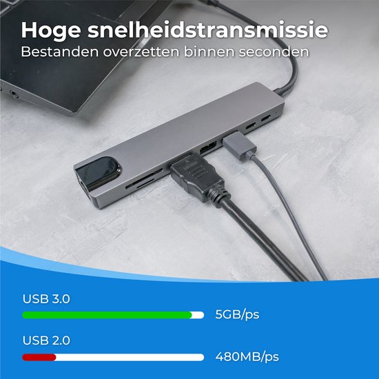 Nuvance - USB C Hub 3.0 - 8 Anschlüsse - USB-Splitter mit Ethernet - USB C zu HDMI - USB Hub 3.0 - Docking Station Laptop - Micro SD Kartenleser - HDMI 4K - Grau