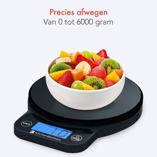 KitchenBrothers Küchenwaage - Waage Küche Digital - 1 g bis 6 kg - Tara-Funktion - Batterien enthalten - Schwarz