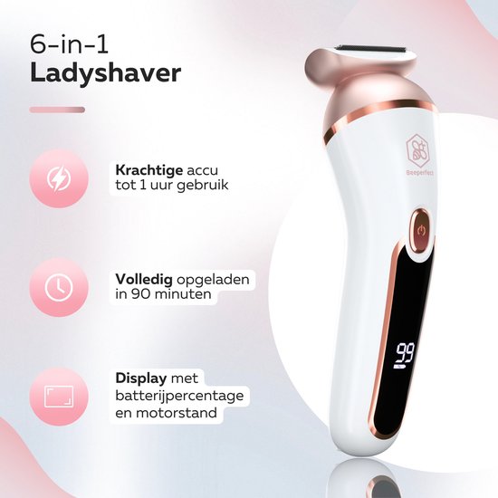 Beeperfect® - 6 in 1 Ladyshaver - zum epilieren/ rasieren/ trimmen - Wiederaufladbar - Wasserdicht - Weiß/Rosa