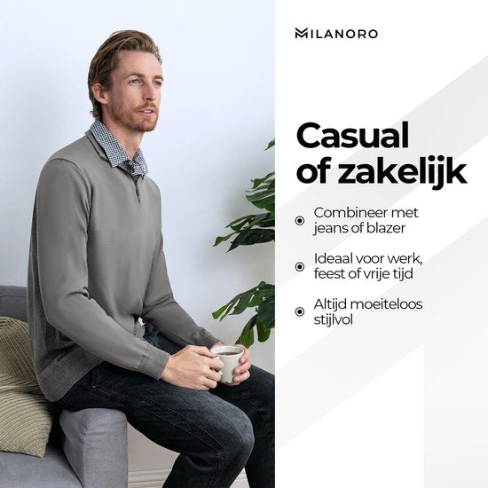 Milanoro - Herren Pullover mit Hemdkragen - Dunkelgrau - S