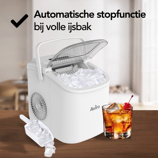 Aviro Eiswürfelmaschine – 1,3 l – Mit Eisschaufel – Selbstreinigungsfunktion – 12 kg / 24 Std. – 9 Würfel / 6 Min. – Weiß