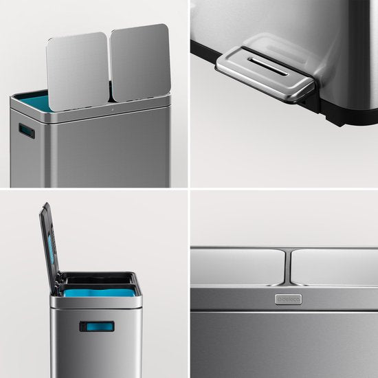 Deleca Recycling-Mülleimer mit 2 Fächern - 60 Liter (2x30) Abfallbehälter - Mülltrennung / Pfandbehälter / Tret-Abfallsammler - Mülleimer mit FreshAura Geruchskontrolle - Slow Close - Edelstahl Silber