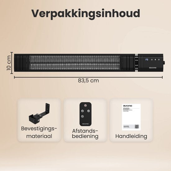 Auronic Terrassenstrahler - Infrarotheizung - Touch Display - 15m2 - Elektrisch - 2500W - Fernbedienung - 9 Stufen - Schwarz